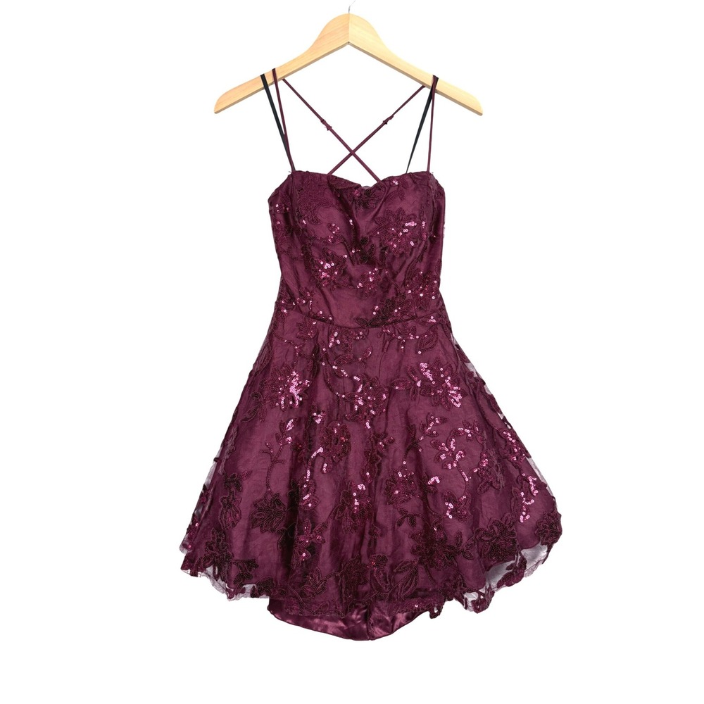B. Darlin Lace Sequin Cocktail Dress Women Size 11/12 Burgundy Lace Up Back